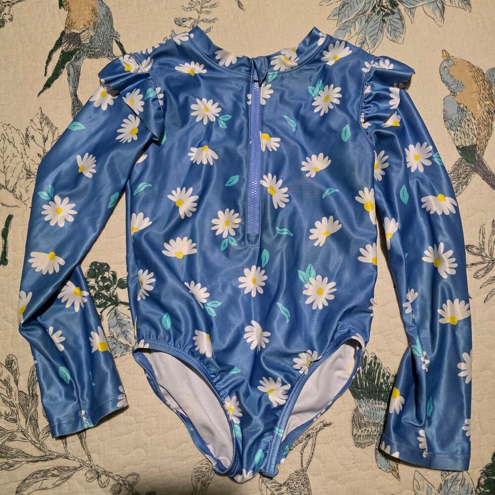 ​Gerber Kids Girls Blue Daisy Long Sleeve One Piece Swimsuit Size 5T